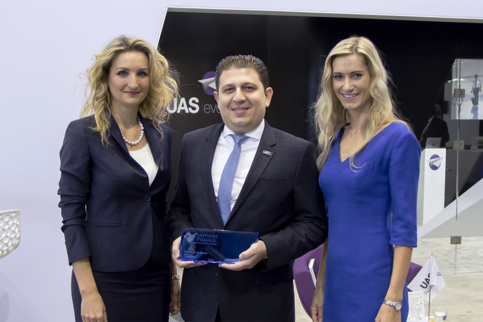 UAS Co-founder and Executive President, Mohammed Husary with Antonia Lukacinova and Zuzana Vaclavova of MEDIA Tribune at EBACE 2016